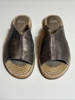 Eileen Fisher Metallic Leather Espadrille Slide Sandals Size 10